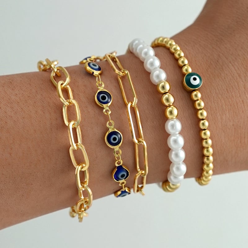 Ženski višeslojni narukvica s perlama i pletenim karama, motiva Zlog oka – cinkov spoj, elektroplatina, Xiaoyin Jewelry