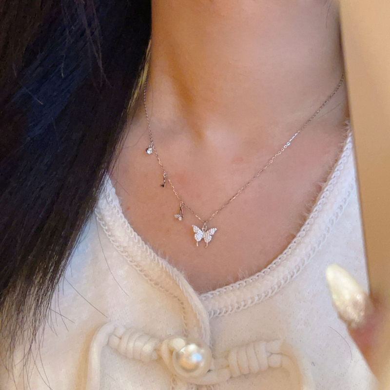 Colier din argint S925 cu trei fluturi, lanț O, placare electroplată, greutate 1,79 g