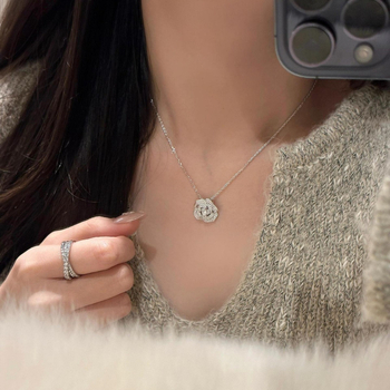 Colier pentru femei cu pandantiv floare din argint 925, cu inserție de diamant, lanț simplu