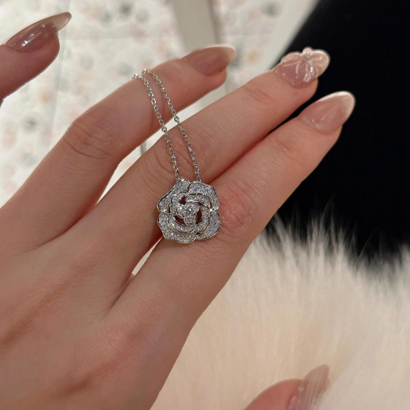 Colier pentru femei cu pandantiv floare din argint 925, cu inserție de diamant, lanț simplu
