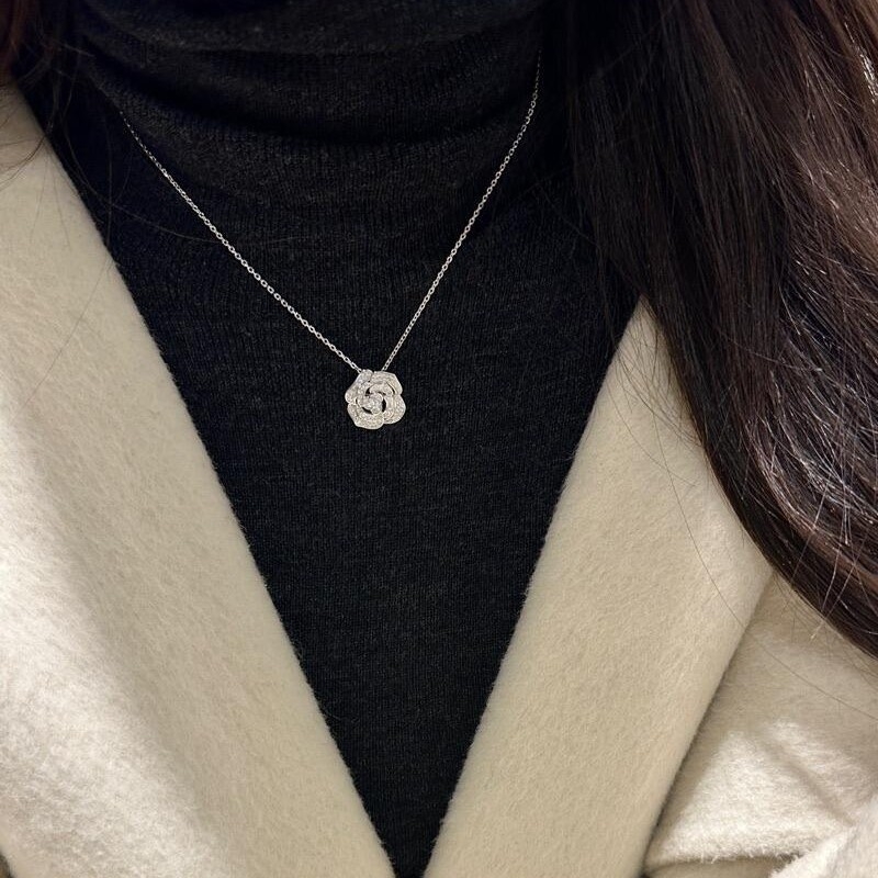 Colier pentru femei cu pandantiv floare din argint 925, cu inserție de diamant, lanț simplu