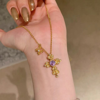 Colier cu cruce, iris și zircon, din argint 925, lanț inegal, placare electrochimică, stil lux discret