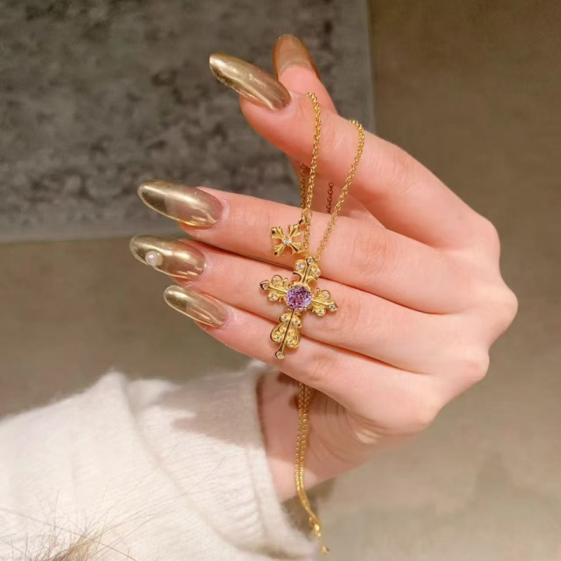 Colier cu cruce, iris și zircon, din argint 925, lanț inegal, placare electrochimică, stil lux discret