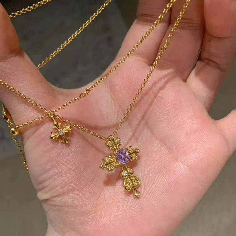 Colier cu cruce, iris și zircon, din argint 925, lanț inegal, placare electrochimică, stil lux discret