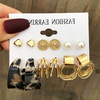 Set od 6 pari naušnica s leopard uzorkom, C-oblik, višeslojni metalni naušnice; materijali: legura, akril, perle; postovi od nehrđajućeg čelika; završna elektroplate
