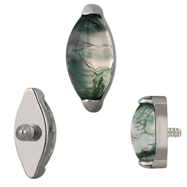 Titanio lydinio lūpų ir nosies nagų rinkinys, Moss Agate marquise akmuo, žalio vaiduoklio kristalas, vidinis sriegis, geometrinė forma