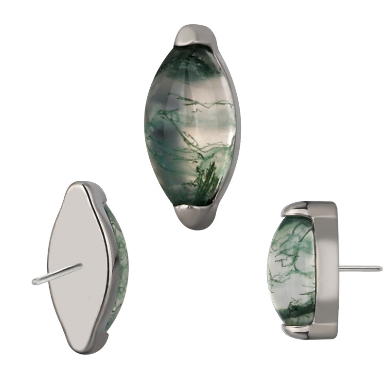 Titanio lydinio lūpų ir nosies nagų rinkinys, Moss Agate marquise akmuo, žalio vaiduoklio kristalas, vidinis sriegis, geometrinė forma