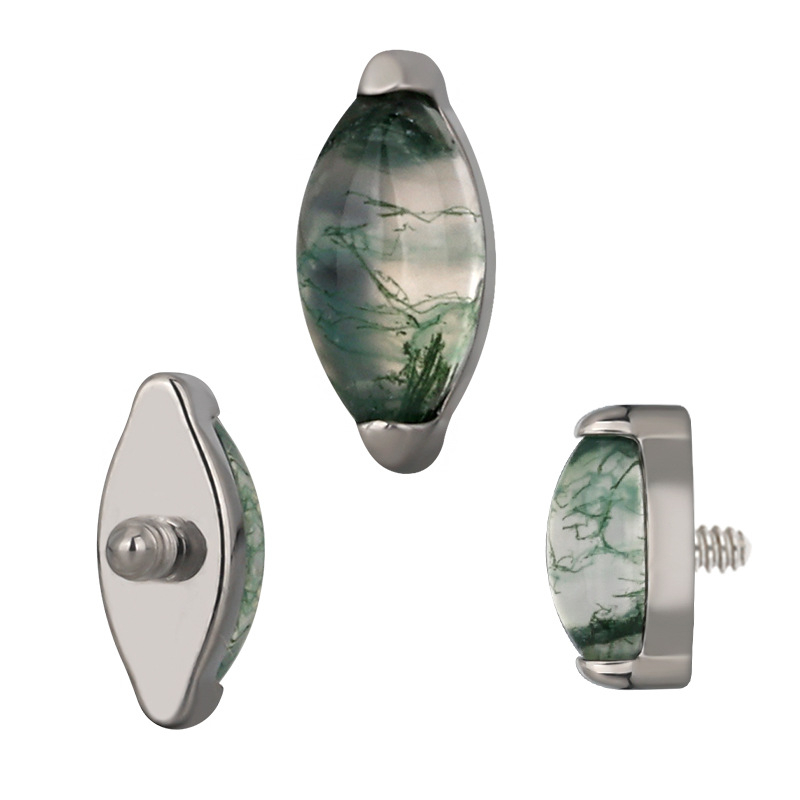 Titanio lydinio lūpų ir nosies nagų rinkinys, Moss Agate marquise akmuo, žalio vaiduoklio kristalas, vidinis sriegis, geometrinė forma