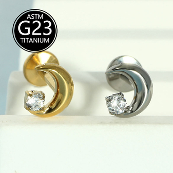 Mėnulio formos lūpų nagas su cirkonų įdėklu, G23 titanas, poliruotas paviršius, vidinis sriegis