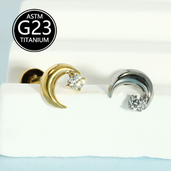 Mėnulio formos lūpų nagas su cirkonų įdėklu, G23 titanas, poliruotas paviršius, vidinis sriegis