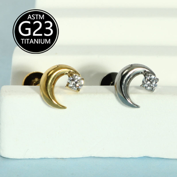 Mėnulio formos lūpų nagas su cirkonų įdėklu, G23 titanas, poliruotas paviršius, vidinis sriegis