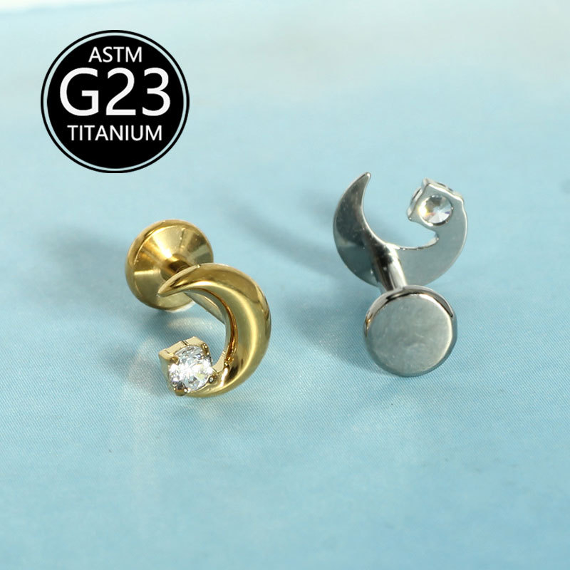 Mėnulio formos lūpų nagas su cirkonų įdėklu, G23 titanas, poliruotas paviršius, vidinis sriegis