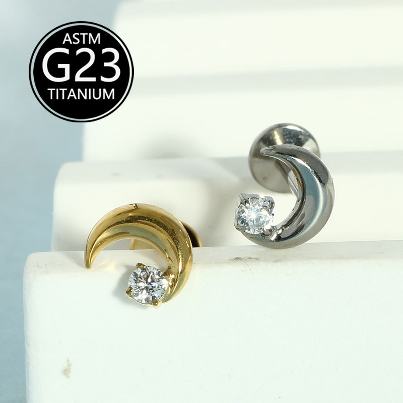Mėnulio formos lūpų nagas su cirkonų įdėklu, G23 titanas, poliruotas paviršius, vidinis sriegis