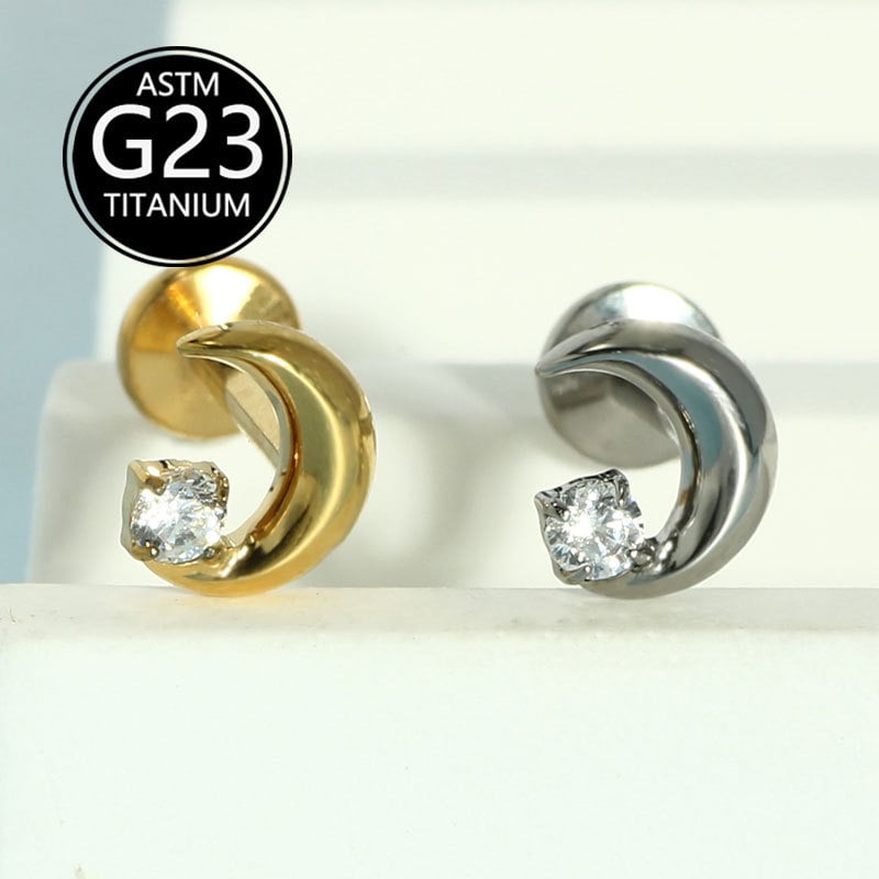 Mėnulio formos lūpų nagas su cirkonų įdėklu, G23 titanas, poliruotas paviršius, vidinis sriegis