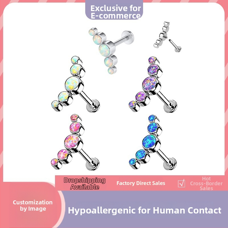 G23 τίτανιο lip stud, 5 σειρές opal κρυστάλλων, καμπύλο piercing χόνδρου, σετ με διαμάντια