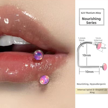 Lūpų įtaisas su vidiniu sriegimu iš titano lydinio, D žiedas ir smaigalia konusas, 5A cirkonas, deimantinė apdaila