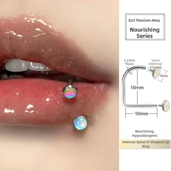 Lūpų įtaisas su vidiniu sriegimu iš titano lydinio, D žiedas ir smaigalia konusas, 5A cirkonas, deimantinė apdaila