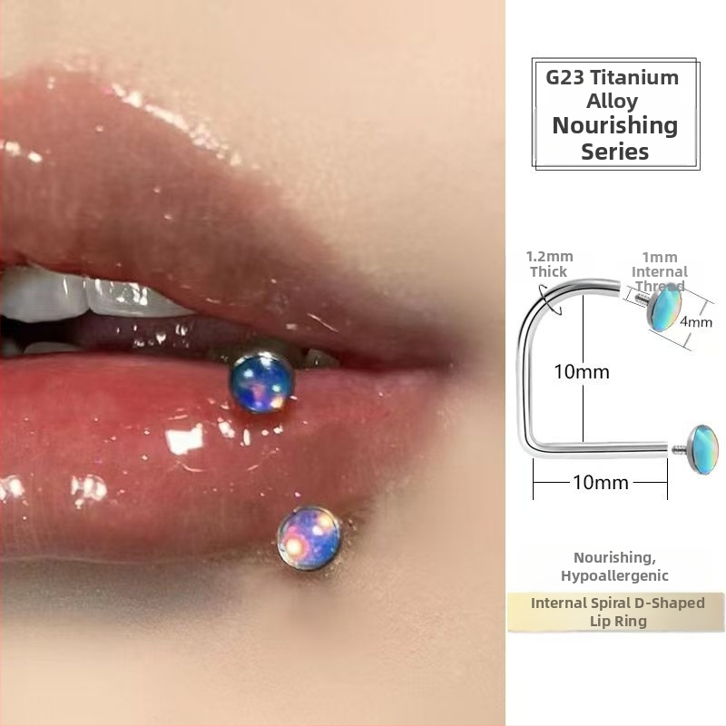 Lūpų įtaisas su vidiniu sriegimu iš titano lydinio, D žiedas ir smaigalia konusas, 5A cirkonas, deimantinė apdaila