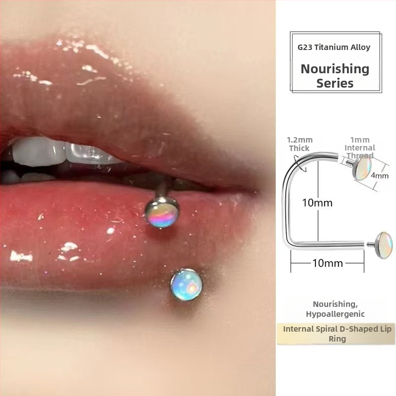 Lūpų įtaisas su vidiniu sriegimu iš titano lydinio, D žiedas ir smaigalia konusas, 5A cirkonas, deimantinė apdaila