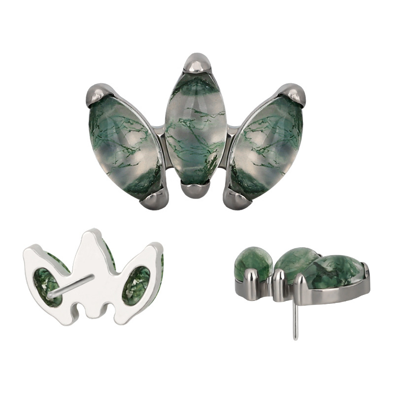 Lūpų stud auskarai su vidiniu sriegeliu – titano lydinys, samanų agatų akmuo, unisex