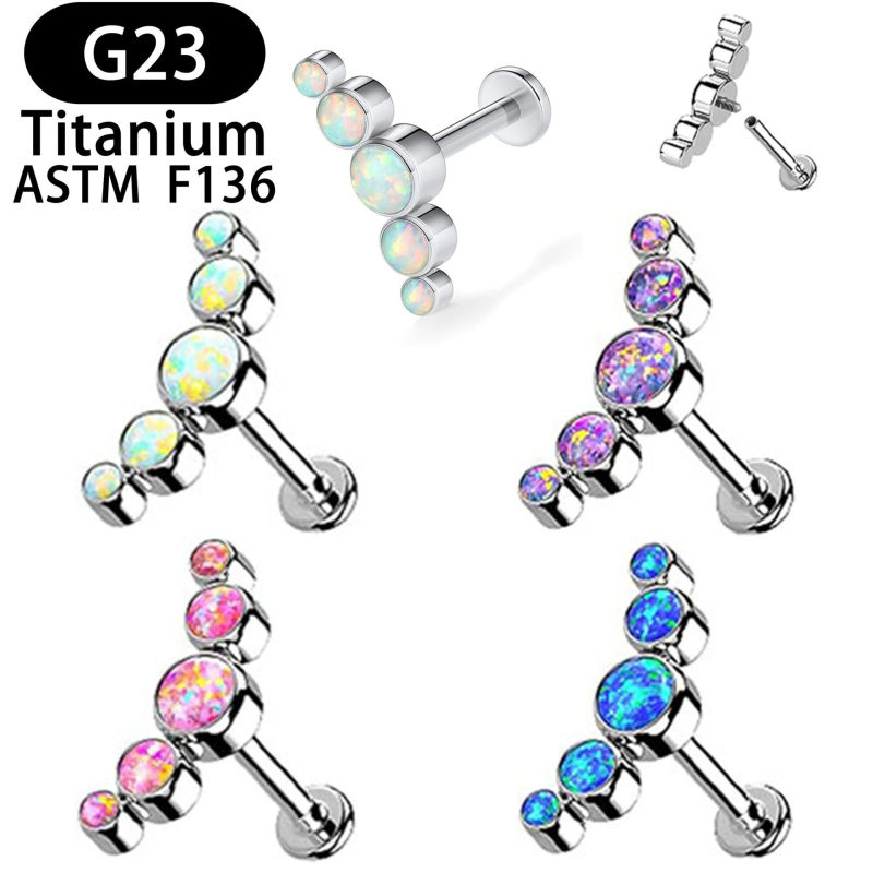 Lip stud από τιτάνιο G23, καμπύλη με πέντε συνδέσμους και όπαλ κρύσταλλο, διαμαντο-τελειώματα, unisex