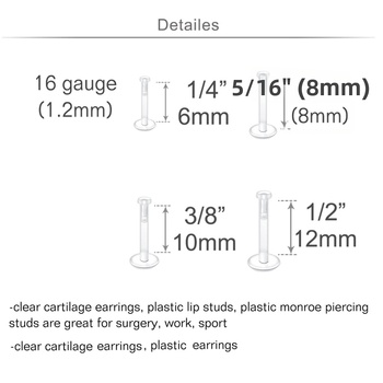16 dalių akrilo piercingų komplektas lūpoms ir nosiai, poliruotas, unisex, didmeninė pakuotė