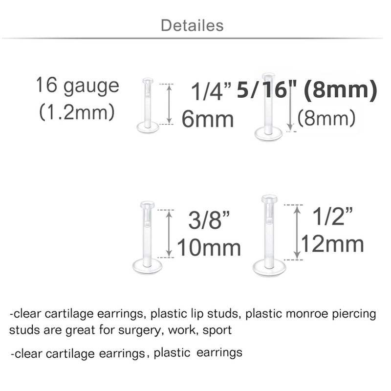 16 dalių akrilo piercingų komplektas lūpoms ir nosiai, poliruotas, unisex, didmeninė pakuotė