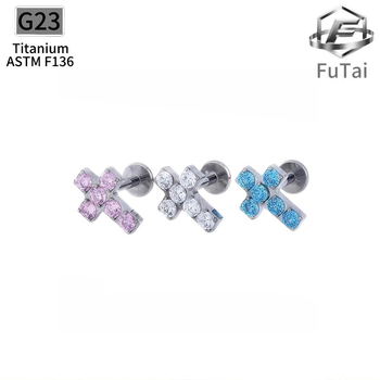 Titanio lydinio kryžiaus formos auskarai su cirkoni, deimantinis apdirbimas, G23 kokybė