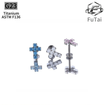 Titanio lydinio kryžiaus formos auskarai su cirkoni, deimantinis apdirbimas, G23 kokybė