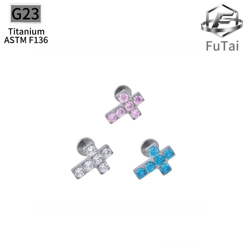 Σκουλαρίκια από τιτάνιο κράμα σε σχήμα σταυρού με ζιρκόν, διαμαντωμένη επεξεργασία, ποιότητα G23