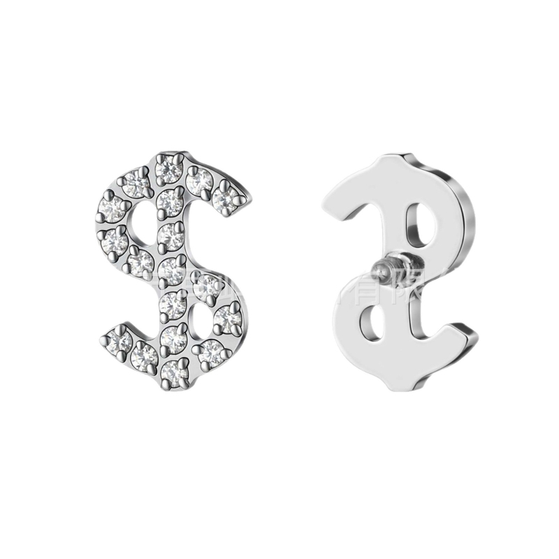 Titano lydinio auskarai su cirkonio kristalais, raidės/skaitmenys/teksto forma, poliruotas paviršius