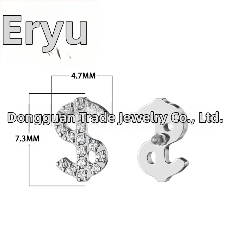 Titano lydinio auskarai su cirkonio kristalais, raidės/skaitmenys/teksto forma, poliruotas paviršius