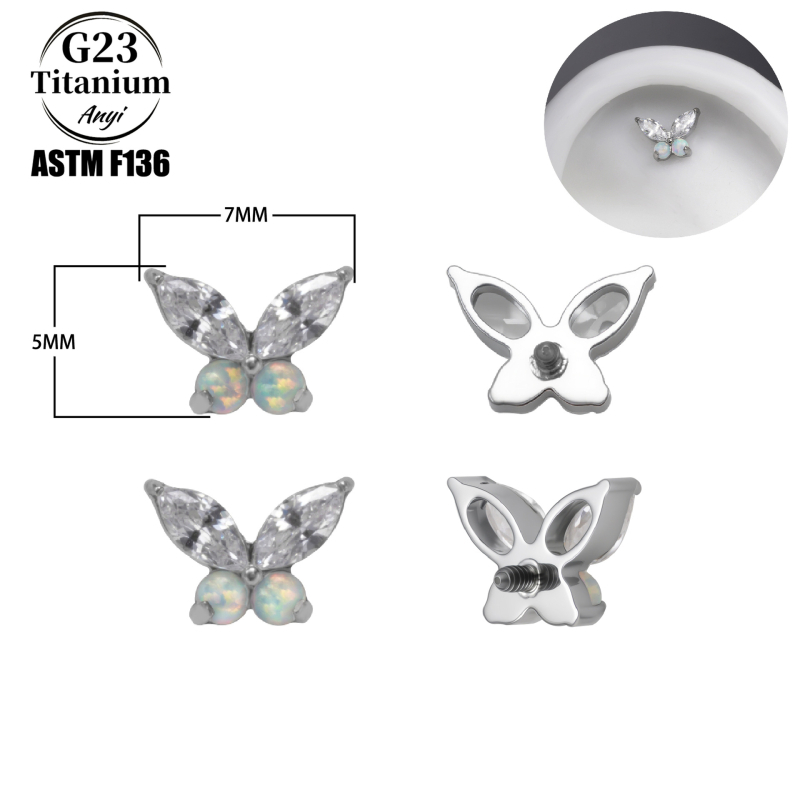 Titánium ötvözetű opál pillangó piercing ékszer – fül- és ajaks stud, uniszex, karikatúra stílus, szoborszerű felület
