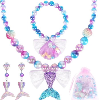 Dječji set nakita: ogrlica s repom morske vile, narukvica, prsten i naušnice; materijal: plast/ smola; privjesak: rhinestones; lanac: obični lanac; uzorak: biljke i cvijeće; stil: klasični / Instagram stil