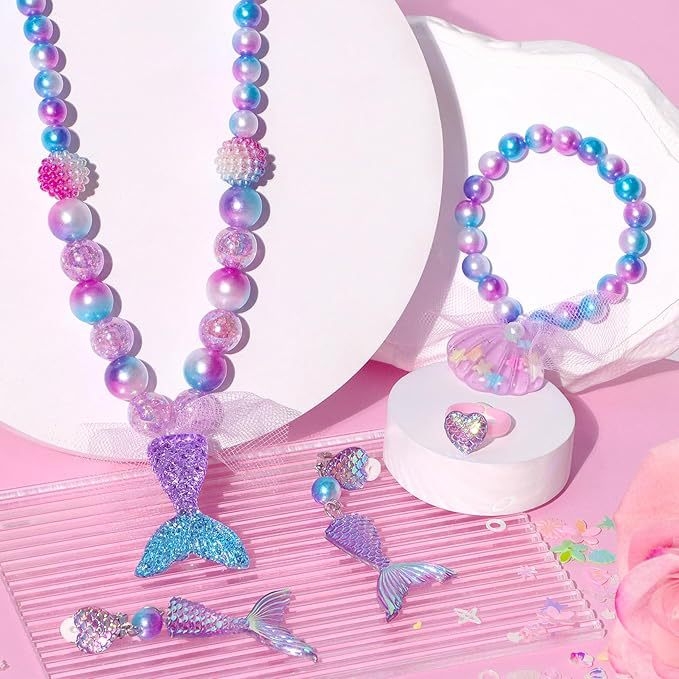 Dječji set nakita: ogrlica s repom morske vile, narukvica, prsten i naušnice; materijal: plast/ smola; privjesak: rhinestones; lanac: obični lanac; uzorak: biljke i cvijeće; stil: klasični / Instagram stil
