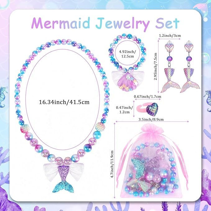 Dječji set nakita: ogrlica s repom morske vile, narukvica, prsten i naušnice; materijal: plast/ smola; privjesak: rhinestones; lanac: obični lanac; uzorak: biljke i cvijeće; stil: klasični / Instagram stil