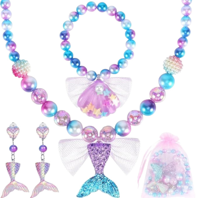 Dječji set nakita: ogrlica s repom morske vile, narukvica, prsten i naušnice; materijal: plast/ smola; privjesak: rhinestones; lanac: obični lanac; uzorak: biljke i cvijeće; stil: klasični / Instagram stil