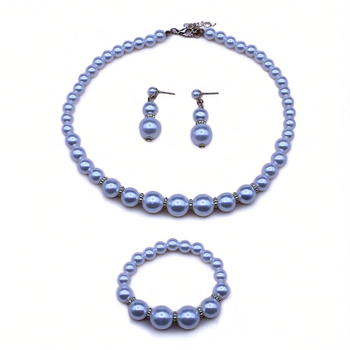 Detská súprava náhrdelník s perlami, náušnice a náramok - jednovrstvý dizajn s perlami (Materiál: plast/živica; Spracovanie: ručná výroba; Materiál prívesku: živica; Reťaz: guľový reťaz; Vek: 3–10 rokov)