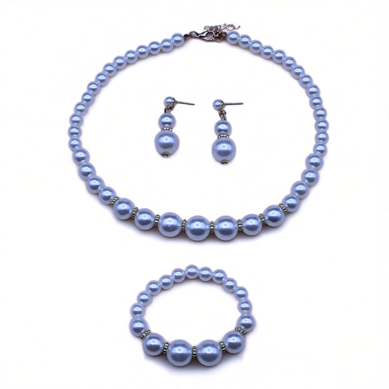 Detská súprava náhrdelník s perlami, náušnice a náramok - jednovrstvý dizajn s perlami (Materiál: plast/živica; Spracovanie: ručná výroba; Materiál prívesku: živica; Reťaz: guľový reťaz; Vek: 3–10 rokov)