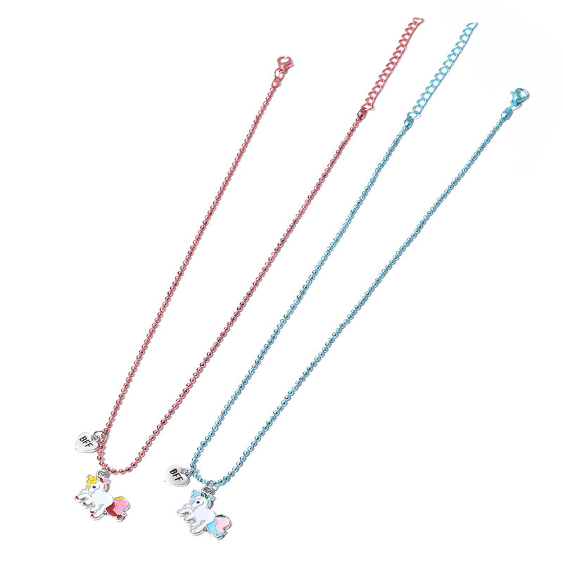 Παιδικό κολιέ με μενταγιόν μονόκερος, καρτούν στυλ; επίχρισμα με στάξεις λαδιού; υλικό: κράμα; αλυσίδα σφαιρική