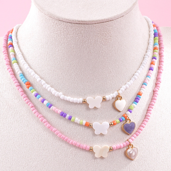 Náhrdelník pre deti v karikatúrnom štýle, sklenené a lazuritové korálky, srdcovitý príves zliatiny