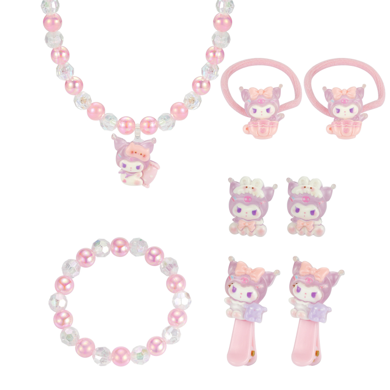 Detský šperk Cartoon štýlu s imitovanými perlami, živicovými príveskami a guľôčkovým reťazom – zahŕňa náhrdelník, náušnice a doplnky na ruku.