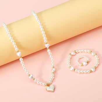 Gyerekeknek készült két darabos nyaklánc készlet: szív alakú hamis gyöngyök, golyó lánc, ötvözet medál