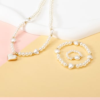 Gyerekeknek készült két darabos nyaklánc készlet: szív alakú hamis gyöngyök, golyó lánc, ötvözet medál