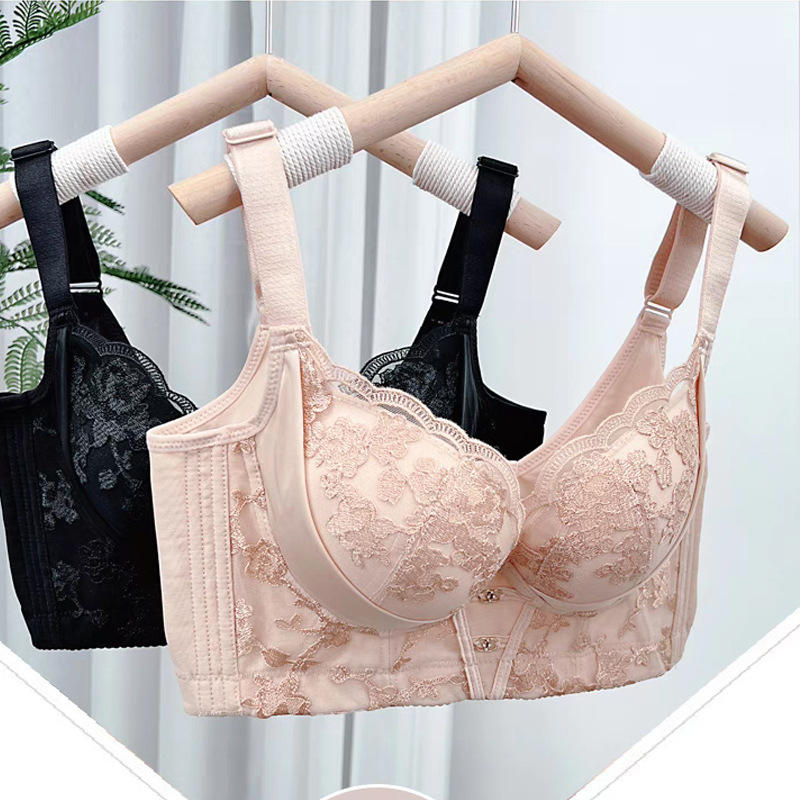 Найлонов сутиен със спандекс подплата; чашка 3/4; моделирани чашки с горе тънък, долу дебел; фиксирани двойни презрамки; пет реда закопчаване на гърба; дишащи, повдигащи и оформящи тялото