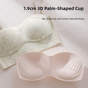 Nesuspaudžiantis belaidis moteriškas liemenėlės, šoninis krūties surinkimas, anti-slydimas, bandeau stilius, pilnas kaušas, nailonas su spandeksu įdaru 30–50%, fiksuoti dirželiai, nugaros užsegimas su keturiais kabliukų rinkiniais