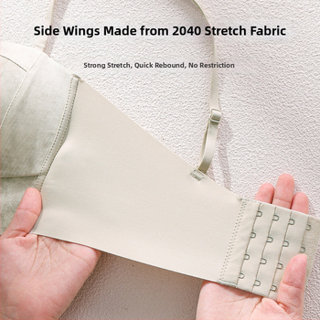 Nesuspaudžiantis belaidis moteriškas liemenėlės, šoninis krūties surinkimas, anti-slydimas, bandeau stilius, pilnas kaušas, nailonas su spandeksu įdaru 30–50%, fiksuoti dirželiai, nugaros užsegimas su keturiais kabliukų rinkiniais