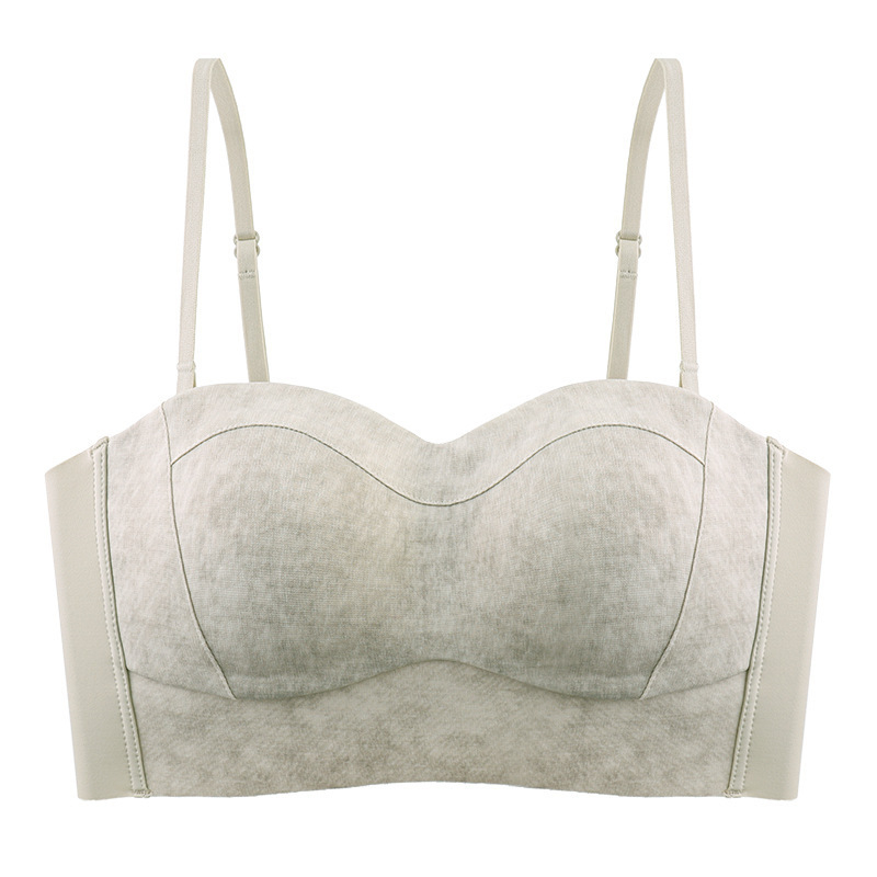 Nesuspaudžiantis belaidis moteriškas liemenėlės, šoninis krūties surinkimas, anti-slydimas, bandeau stilius, pilnas kaušas, nailonas su spandeksu įdaru 30–50%, fiksuoti dirželiai, nugaros užsegimas su keturiais kabliukų rinkiniais