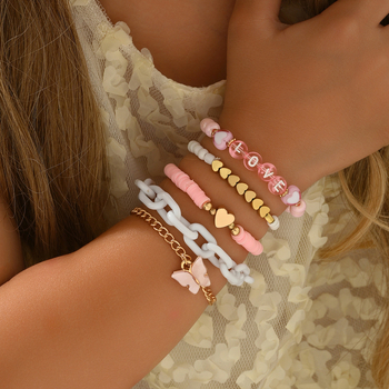 Комплект гривни за деца в етно стил с мънисти от изкуствени перли и мотиви пеперуда и сърце, възраст 10+