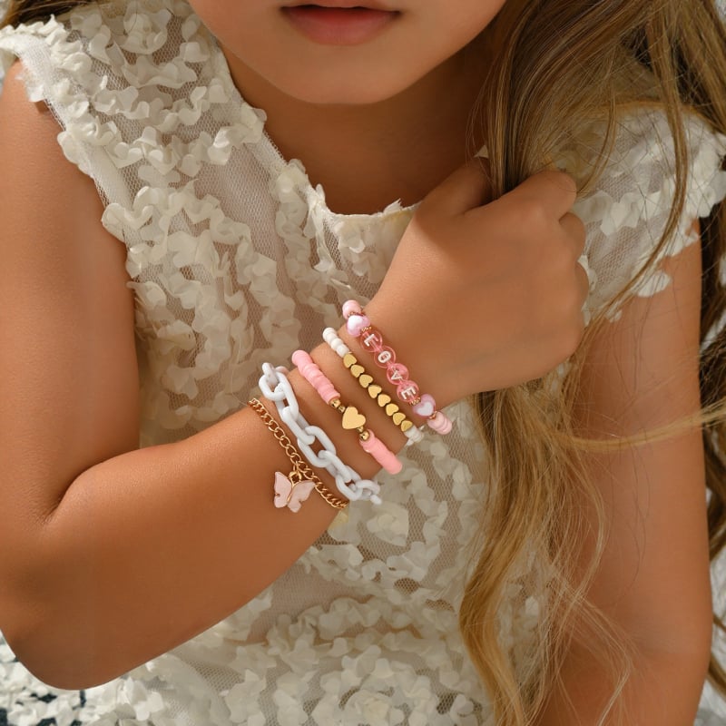 Комплект гривни за деца в етно стил с мънисти от изкуствени перли и мотиви пеперуда и сърце, възраст 10+